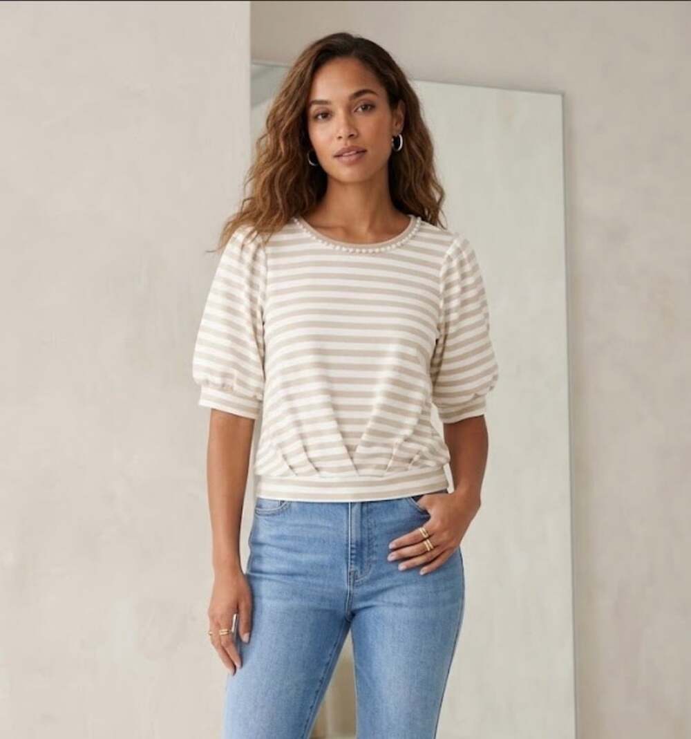 Cupio Blush Striped Puff Sleeve Pearl Trim Top Size L Beige Ivory